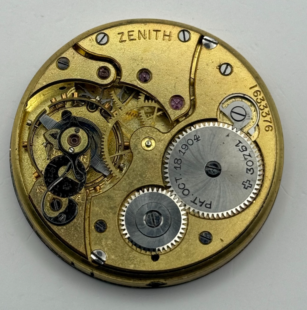 Zenith Pocket Watch Movement Open Face Patent 30751 October 18 1904 Parts 40.9mm