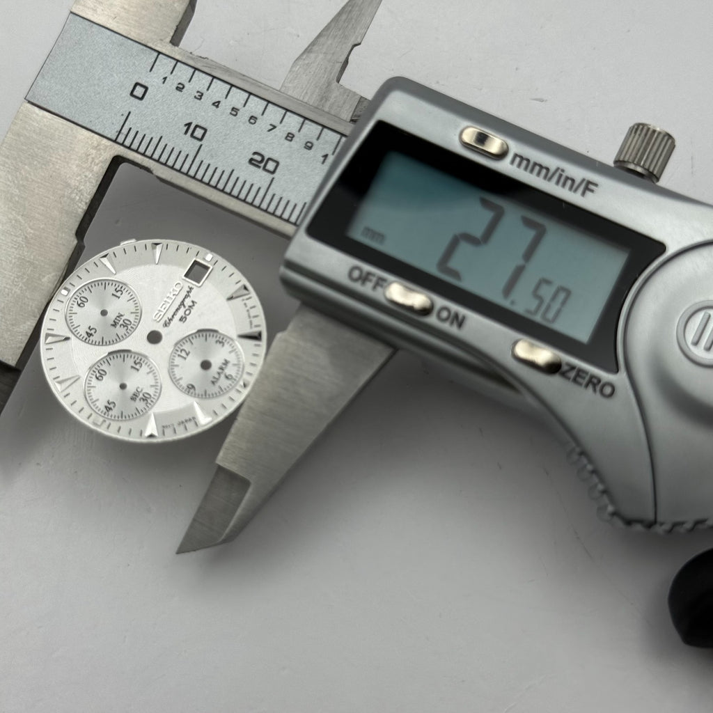 Seiko Watch Dial Chronograph 50M Silver Tone Japan Spare Parts Repair 27.5mm