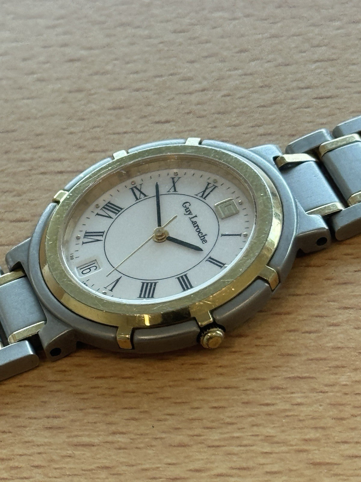Guy Laroche Two Tone Vintage Watch Swiss Made Roman Numerals Quartz Working 32mm