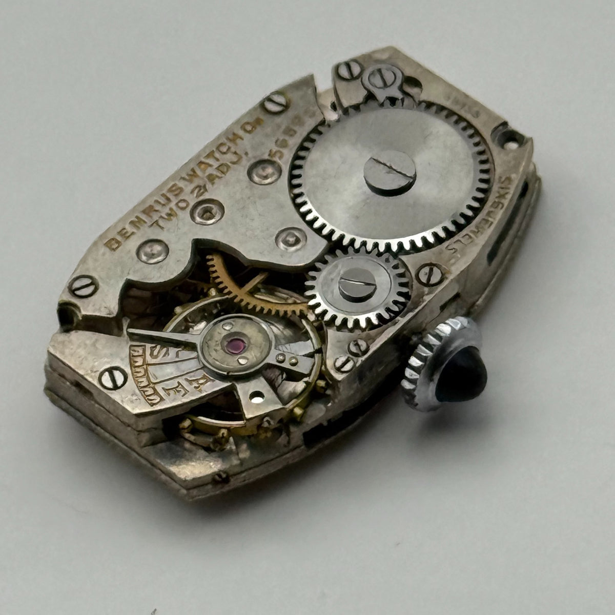 Benrus Watch Movement 6 Jewels 2 ADJ Black Cabochon Crown Parts Repair 24.6mm