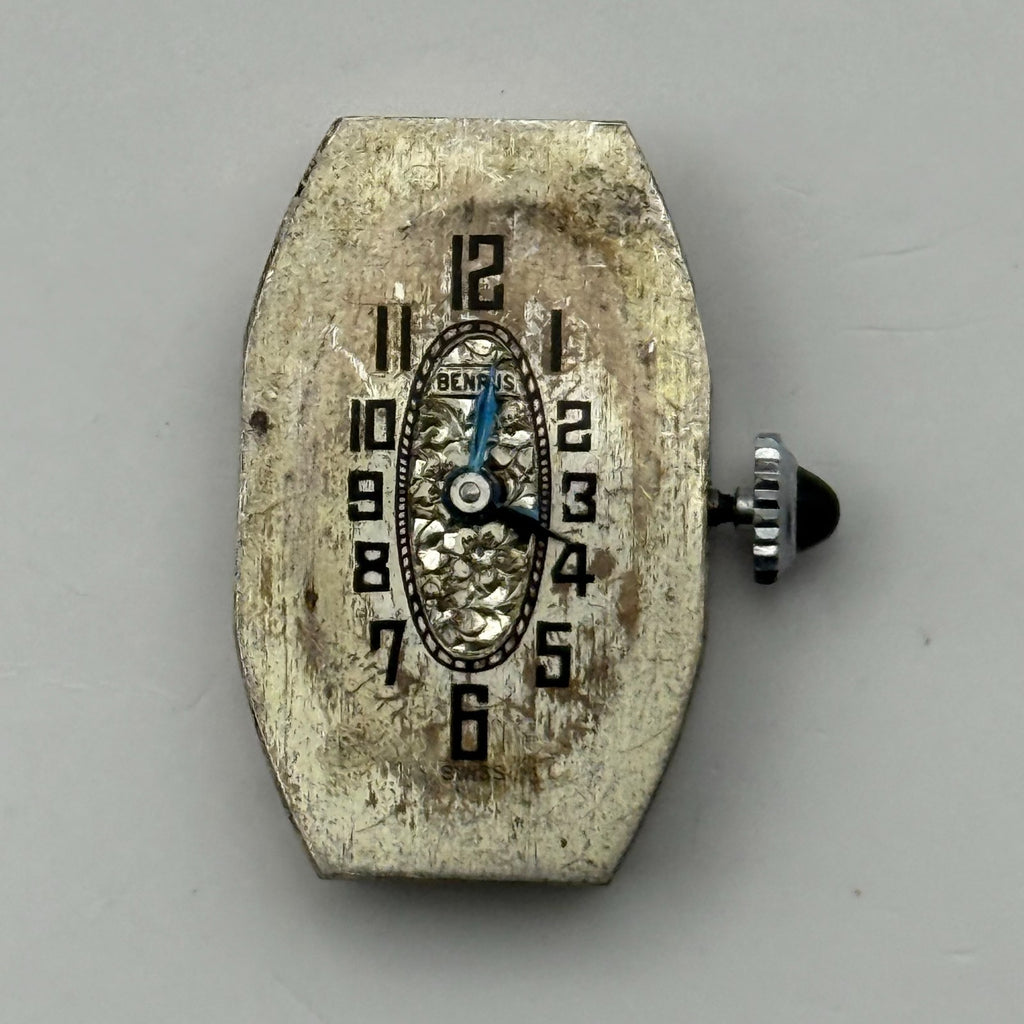 Benrus Watch Movement 6 Jewels 2 ADJ Black Cabochon Crown Parts Repair 24.6mm