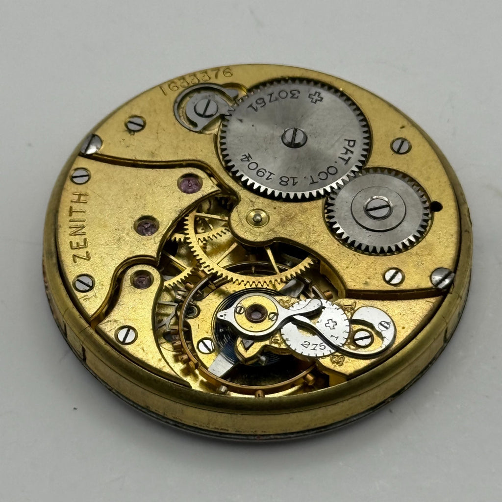 Zenith Pocket Watch Movement Open Face Patent 30751 October 18 1904 Parts 40.9mm