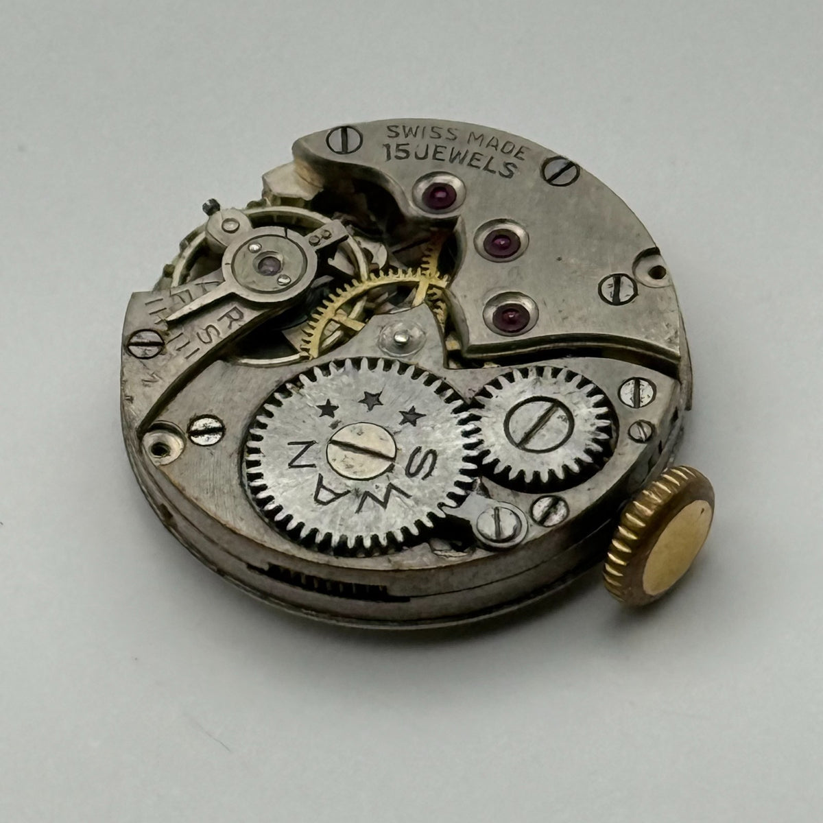 Unidentified Watch Movement Swan 15 Jewels Swiss Manual Wind Parts Repair 19.7mm