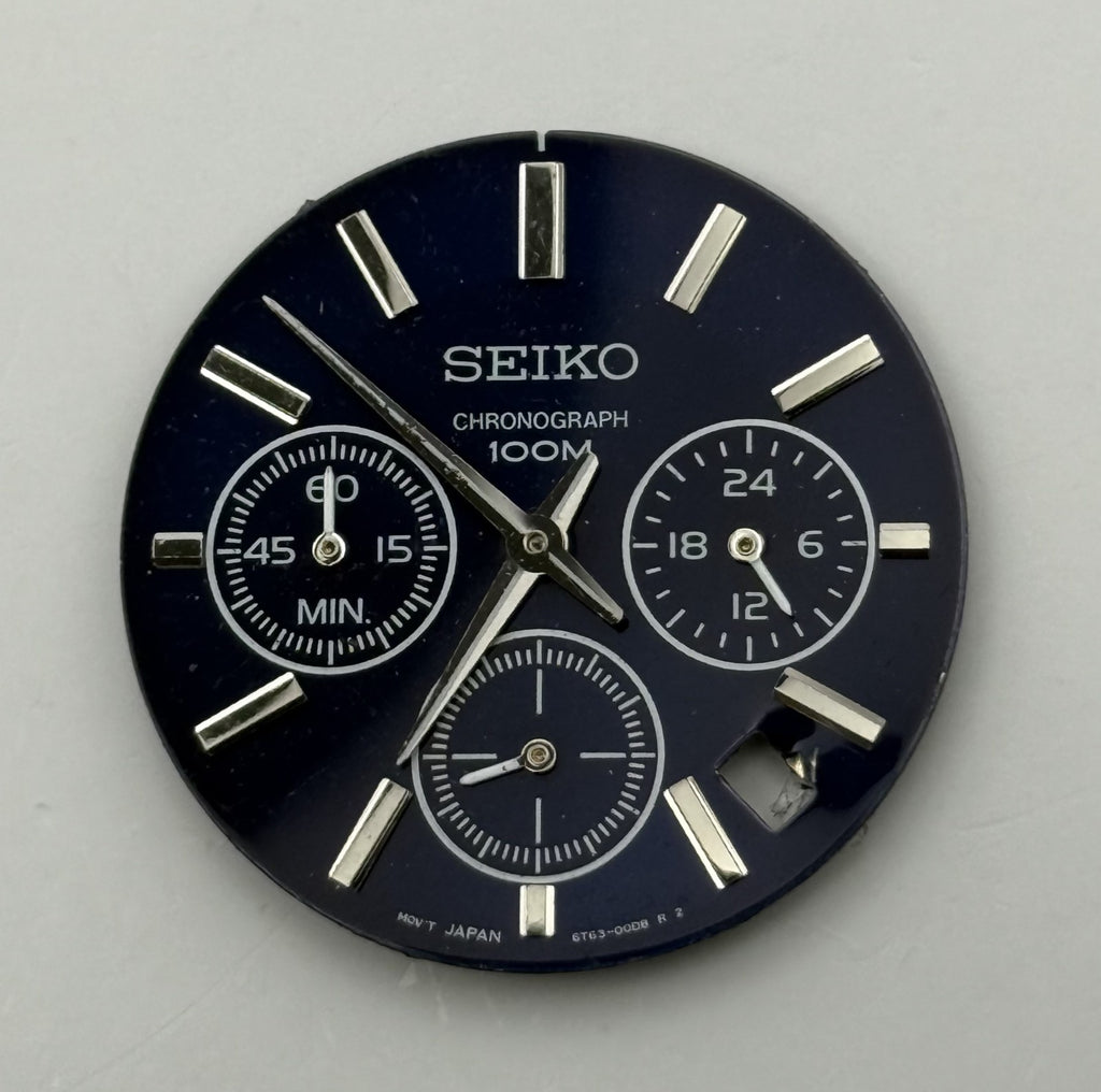 Seiko 6T63-00D8 Watch Dial Chronograph 100M Black Spare Parts Repair 30.4mm