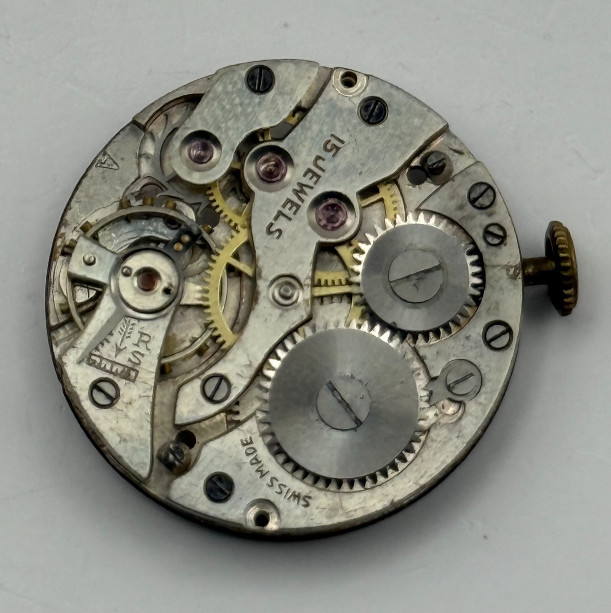 Unidentified Watch Movement 15 Jewels Swiss Manual Wind Parts Repair Spares 26mm