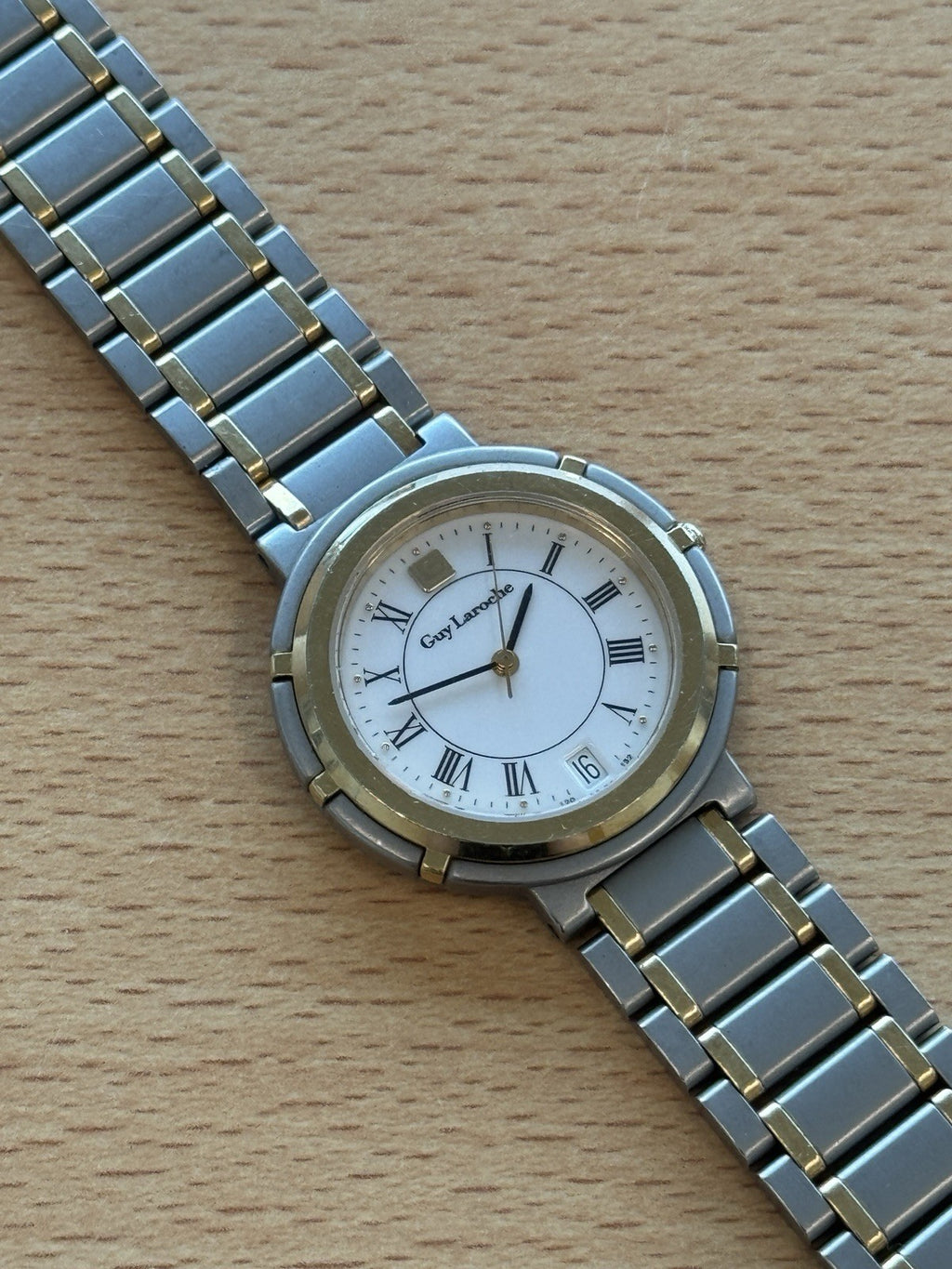 Guy Laroche Two Tone Vintage Watch Swiss Made Roman Numerals Quartz Working 32mm