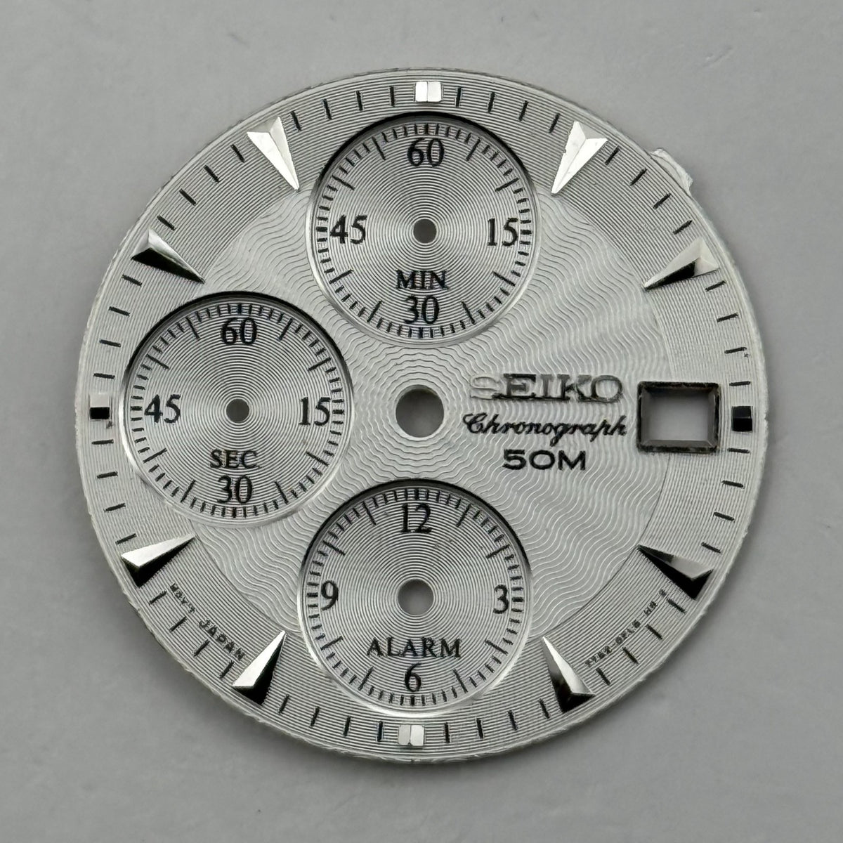 Seiko Watch Dial Chronograph 50M Silver Tone Japan Spare Parts Repair 27.5mm