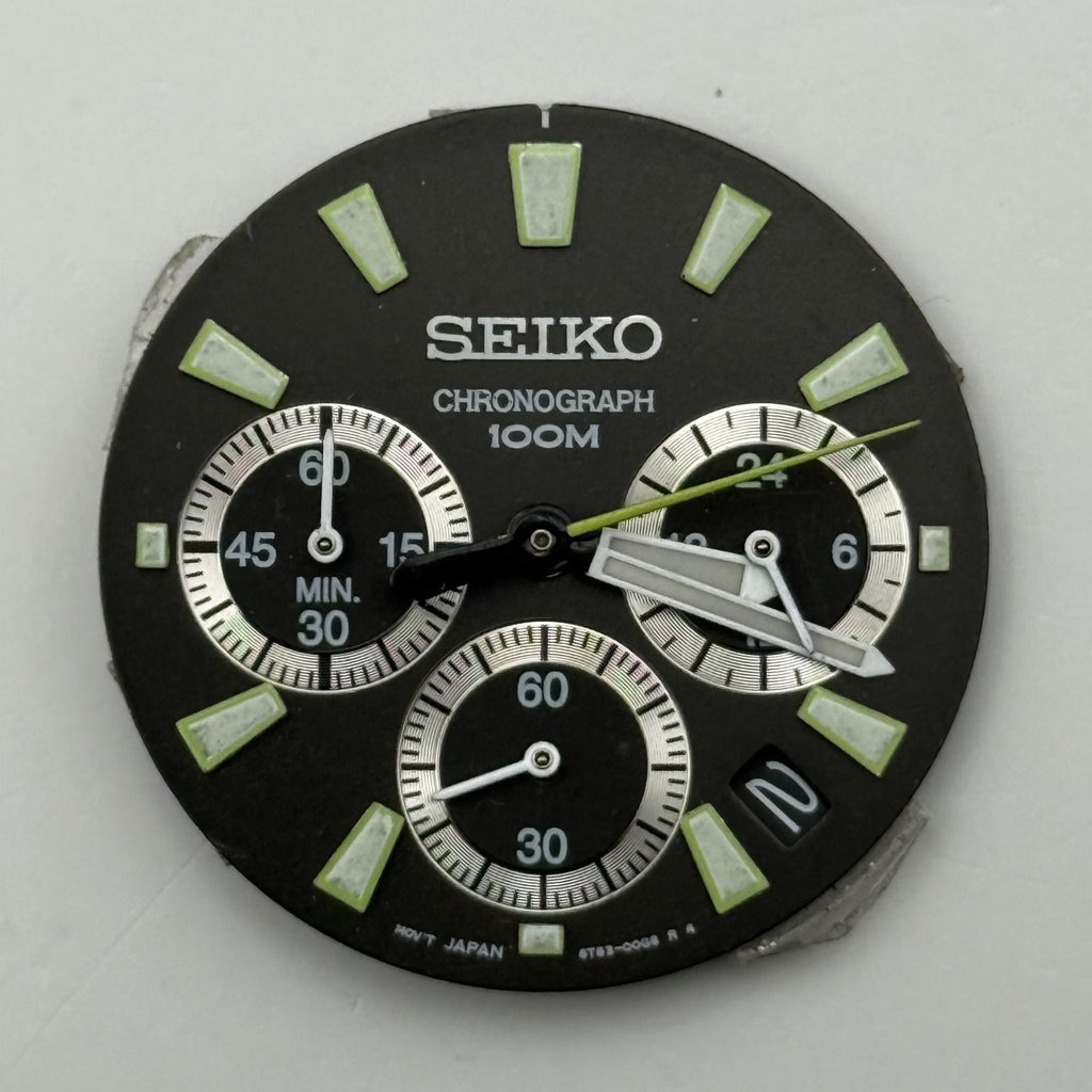 Seiko 6T55-0008 Watch Dial Chronograph 100M Black Spare Parts Repair 30.4mm