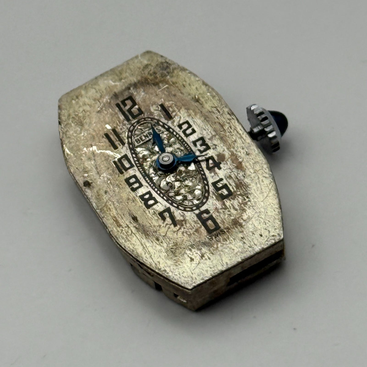 Benrus Watch Movement 6 Jewels 2 ADJ Black Cabochon Crown Parts Repair 24.6mm