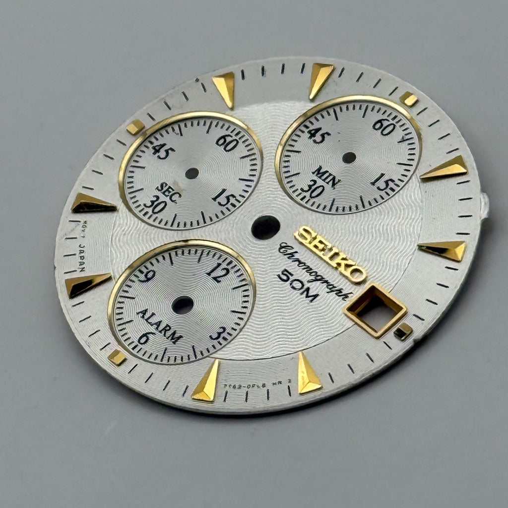 Seiko 7T62 Watch Dial Chronograph Alarm 50M Silver Tone Spare Parts Repair 27mm