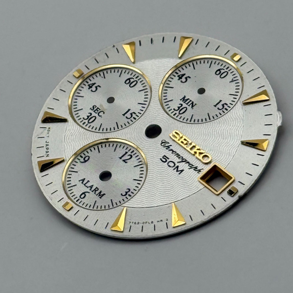 Seiko 7T62 Watch Dial Chronograph Alarm 50M Silver Tone Spare Parts Repair 27mm