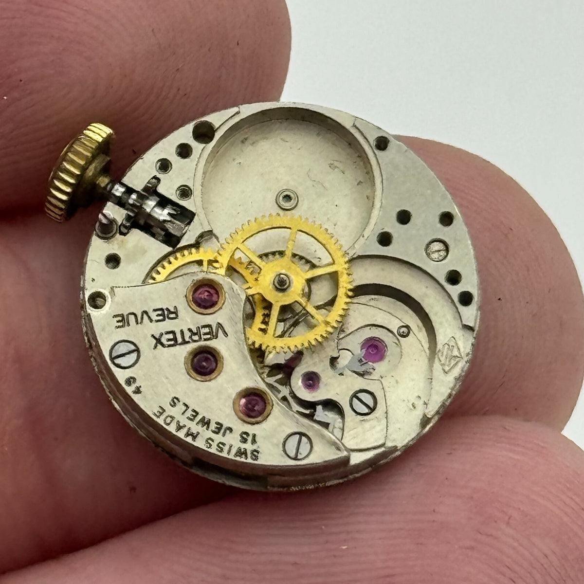 Revue 49 Watch Movement - Vertex Partial 15 Jewels - For Parts / Repair - 17.4mm