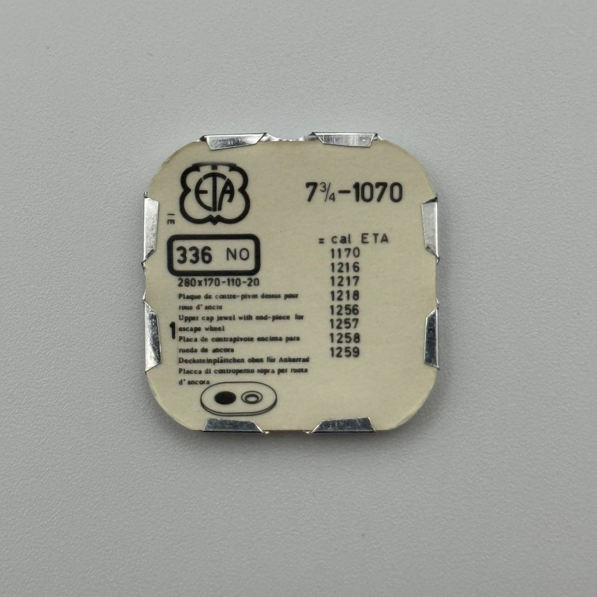 ETA 1070 Upper Cap Jewel With End Piece - 7 3/4 - 336 - NOS -  Watch Parts