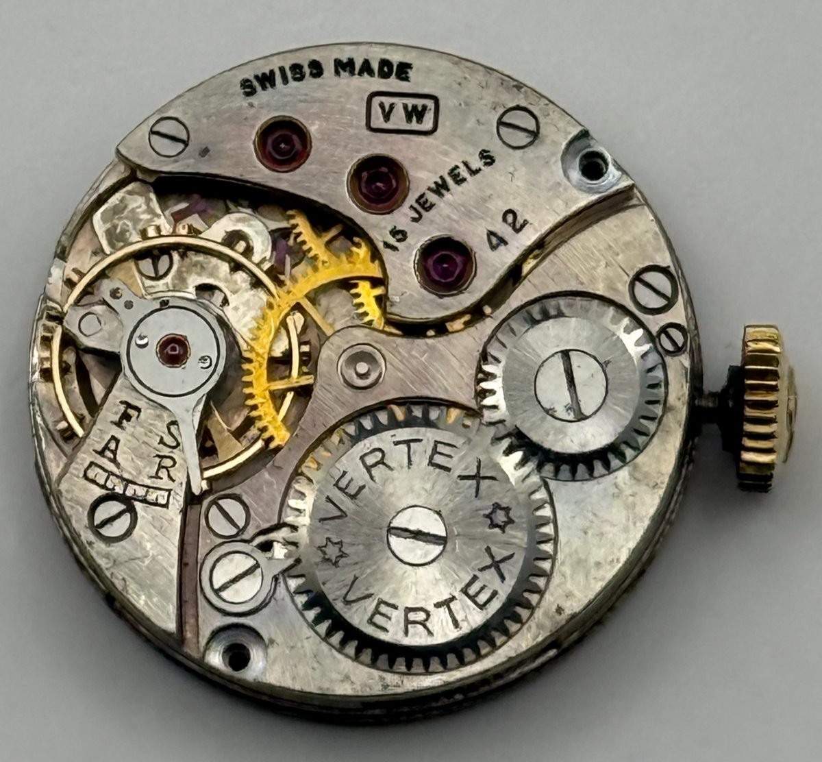 Vertex 42 Watch Movement - VW 15 Jewels - Running - For Parts / Repair - 19.6mm