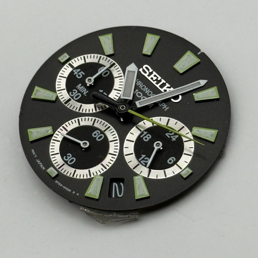 Seiko 6T55-0008 Watch Dial Chronograph 100M Black Spare Parts Repair 30.4mm