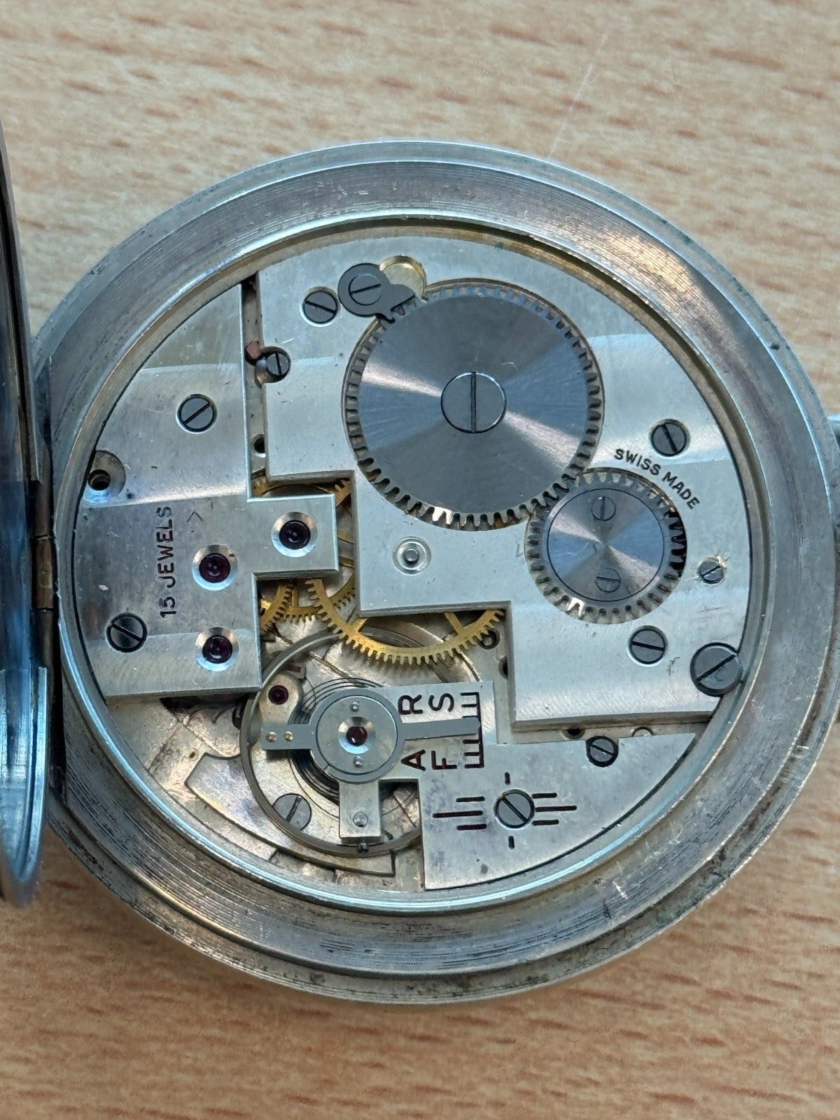 Very Interesting Unusual Movement Pocket Watch - Running - Open Face Swiss 15j
