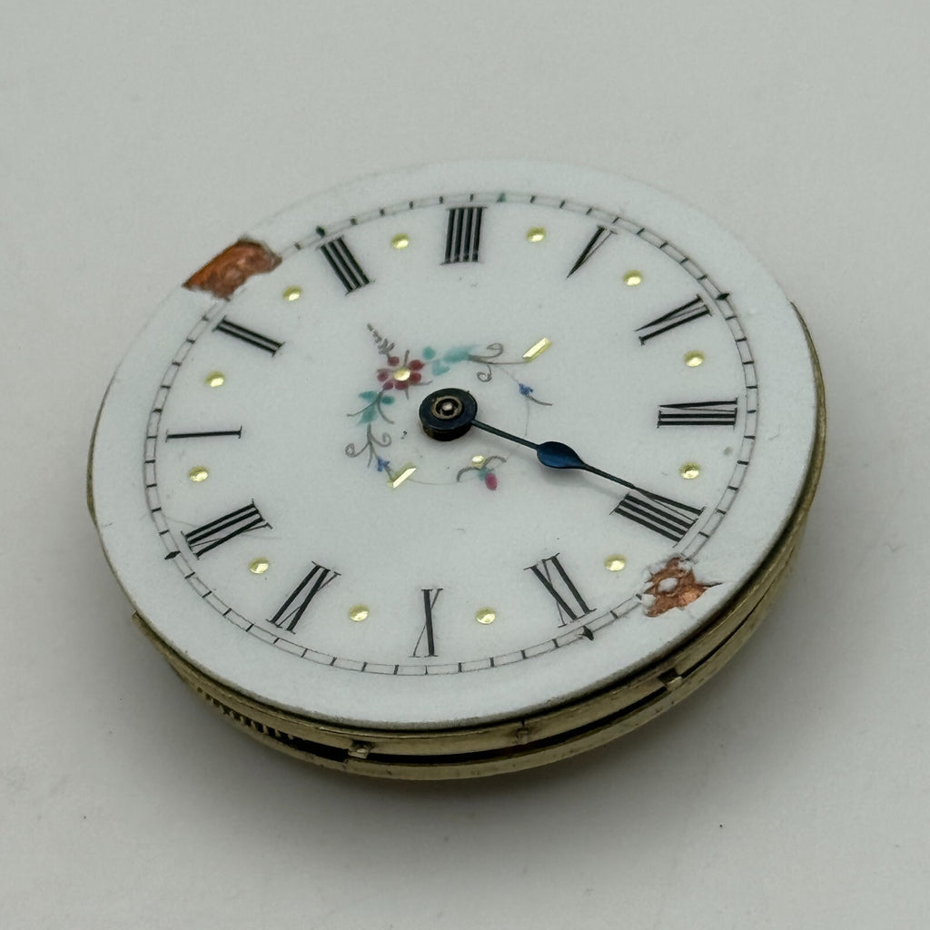 Antique Pocket Watch Movement Key Wound Nice Enamel Dial Parts Repair 36.1mm 