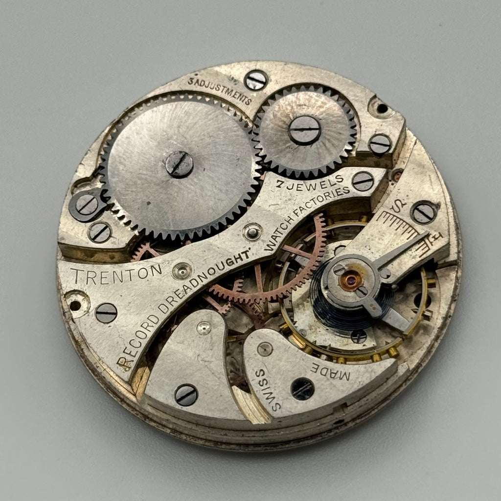 Record Trenton Dreadnought Pocket Watch Movement - Running - For Parts / Repair