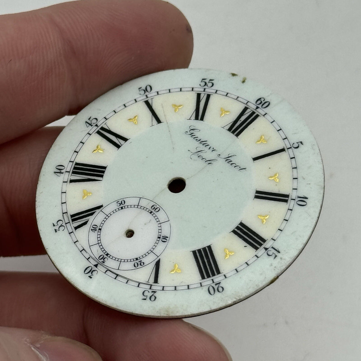 Antique Pocket Watch Dial 44.2mm Gustave Jacot Locle Beautiful Porcelain Spares