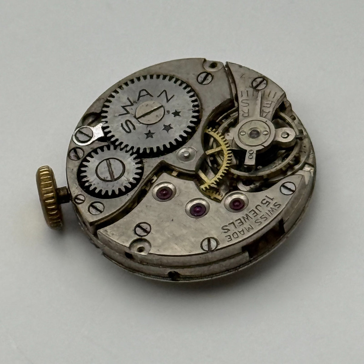 Unidentified Watch Movement Swan 15 Jewels Swiss Manual Wind Parts Repair 19.7mm