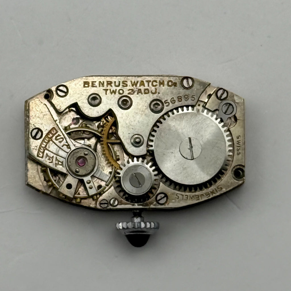 Benrus Watch Movement 6 Jewels 2 ADJ Black Cabochon Crown Parts Repair 24.6mm