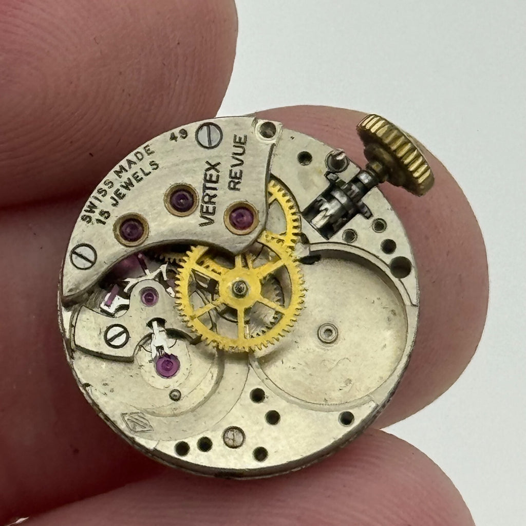 Revue 49 Watch Movement - Vertex Partial 15 Jewels - For Parts / Repair - 17.4mm