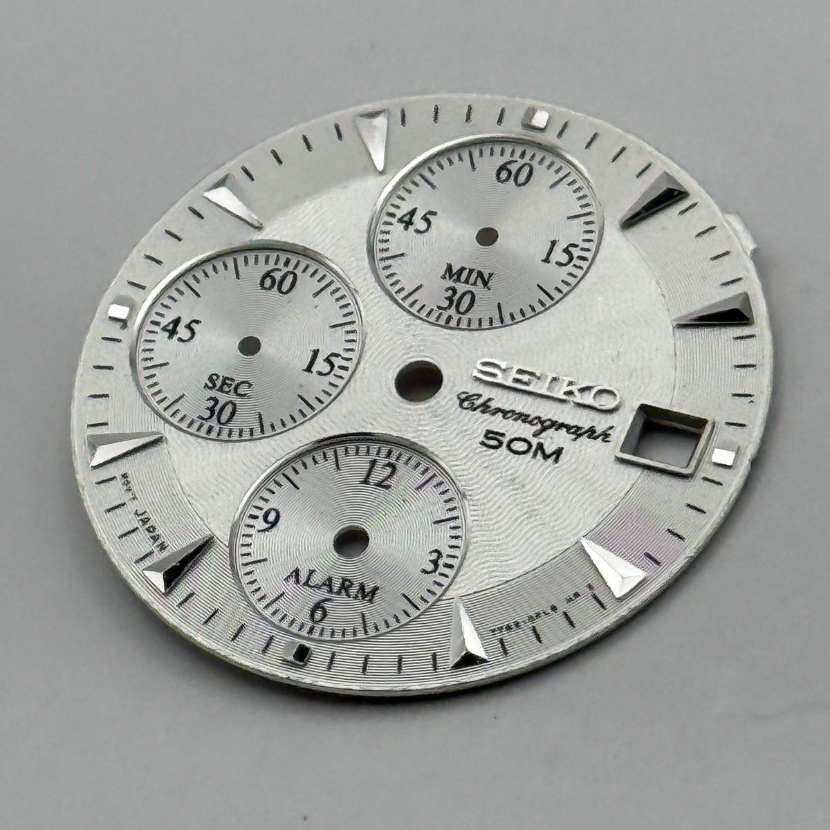 Seiko Watch Dial Chronograph 50M Silver Tone Japan Spare Parts Repair 27.5mm