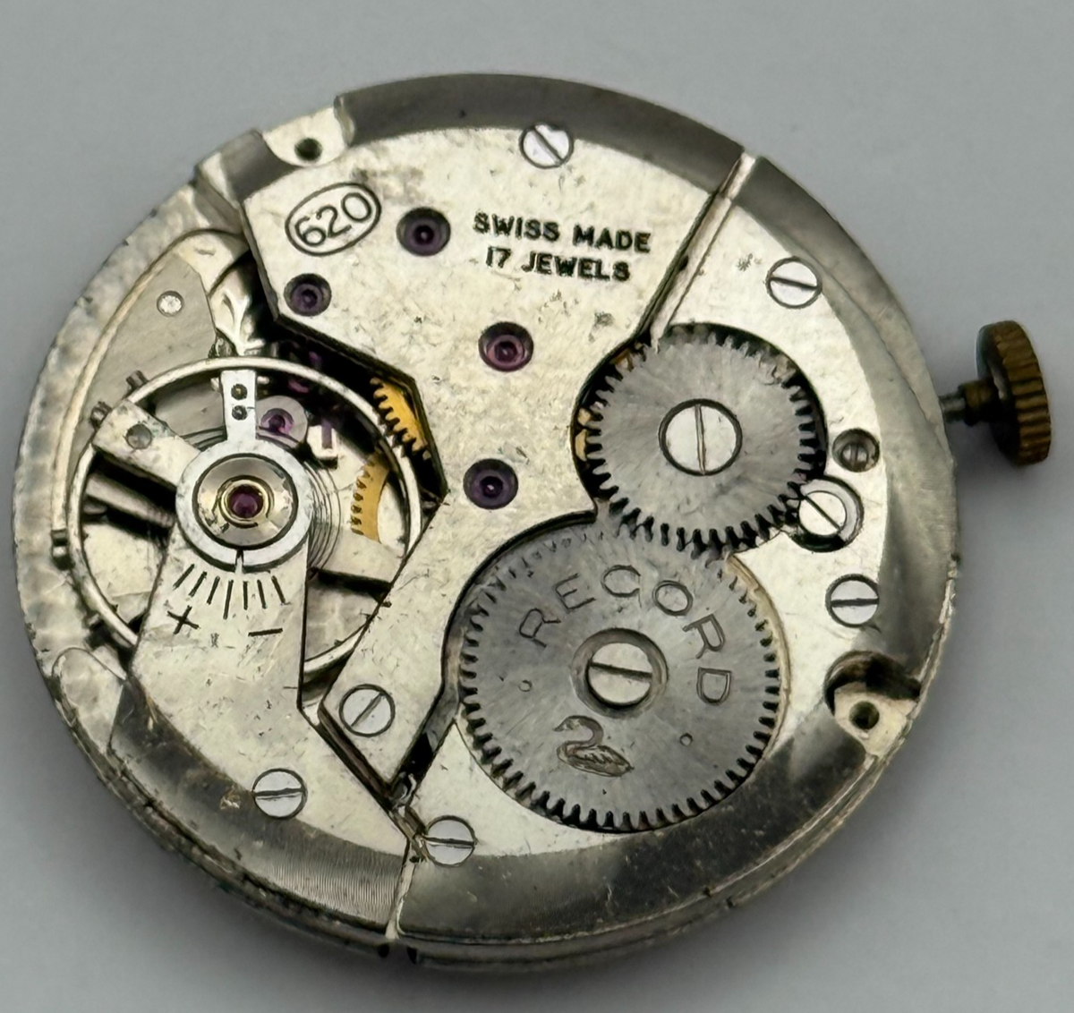 Record 620 Watch Movement - Running - For Parts / Repair - 26.5mm