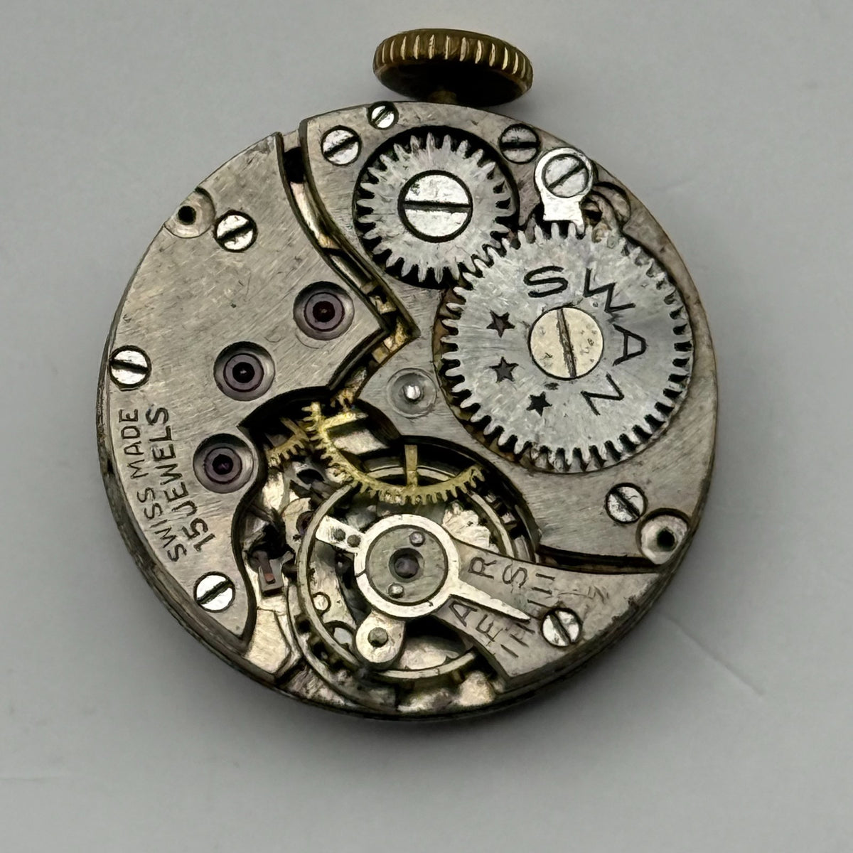 Unidentified Watch Movement Swan 15 Jewels Swiss Manual Wind Parts Repair 19.7mm