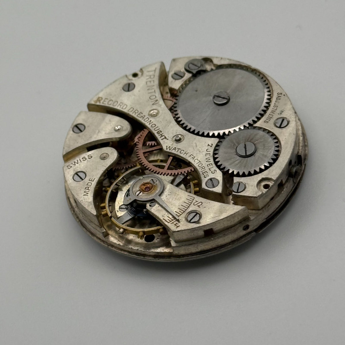 Record Trenton Dreadnought Pocket Watch Movement - Running - For Parts / Repair