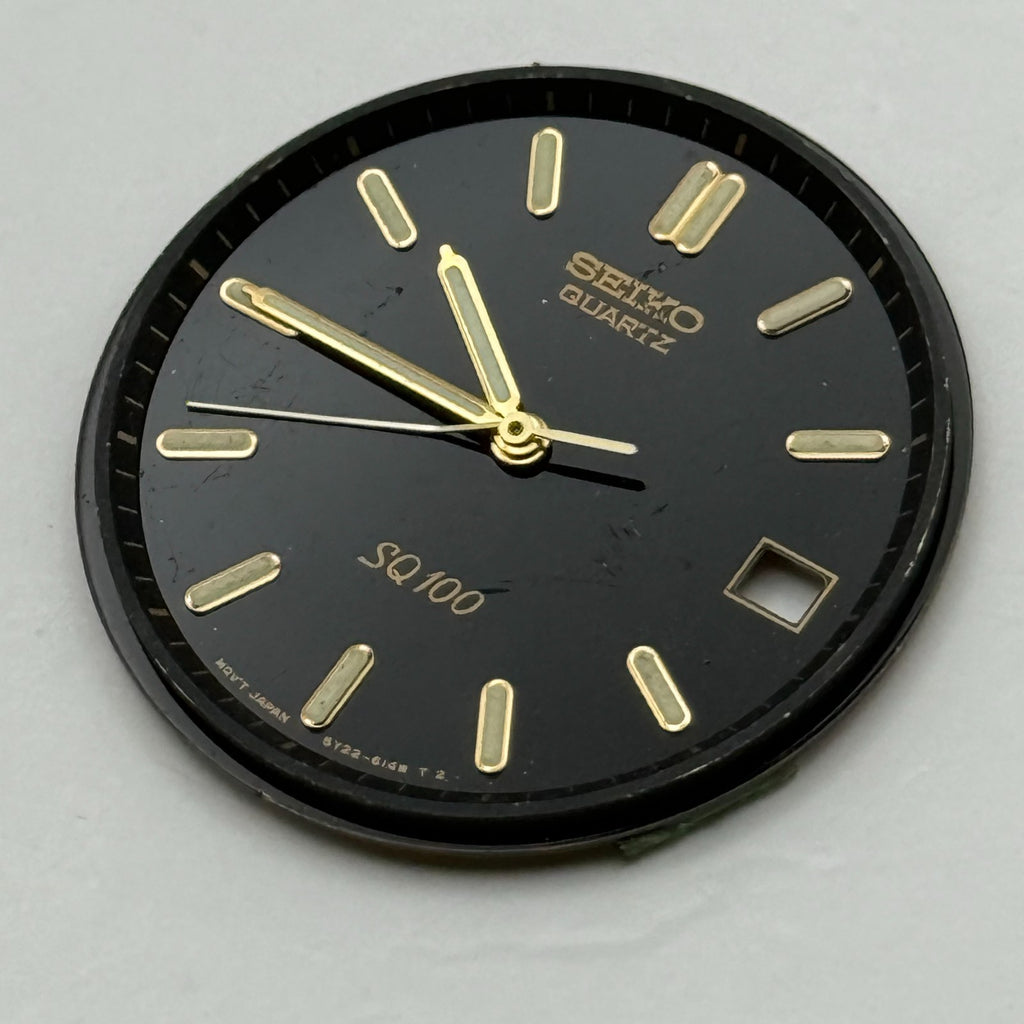 Seiko 5Y22-6140 Watch Dial Quartz SQ 100 Black Japan Spare Parts Repair 28.4mm