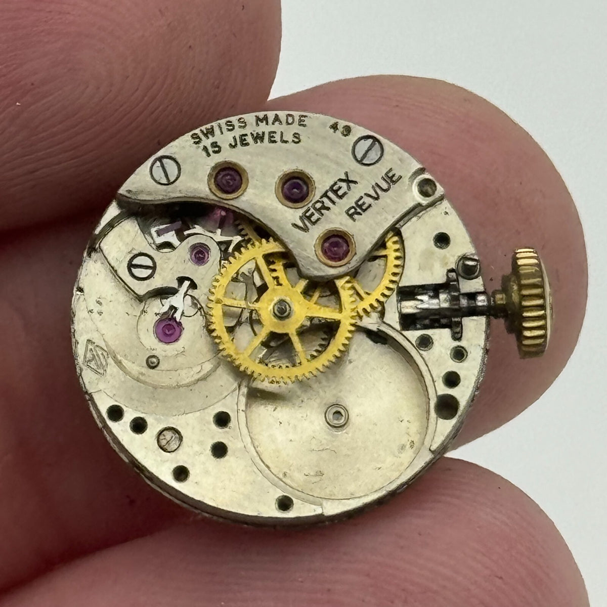 Revue 49 Watch Movement - Vertex Partial 15 Jewels - For Parts / Repair - 17.4mm
