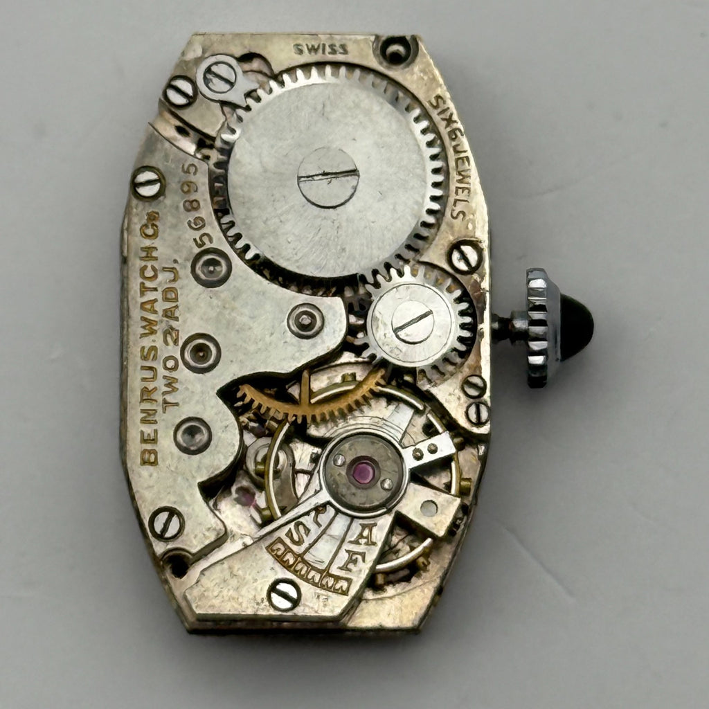 Benrus Watch Movement 6 Jewels 2 ADJ Black Cabochon Crown Parts Repair 24.6mm