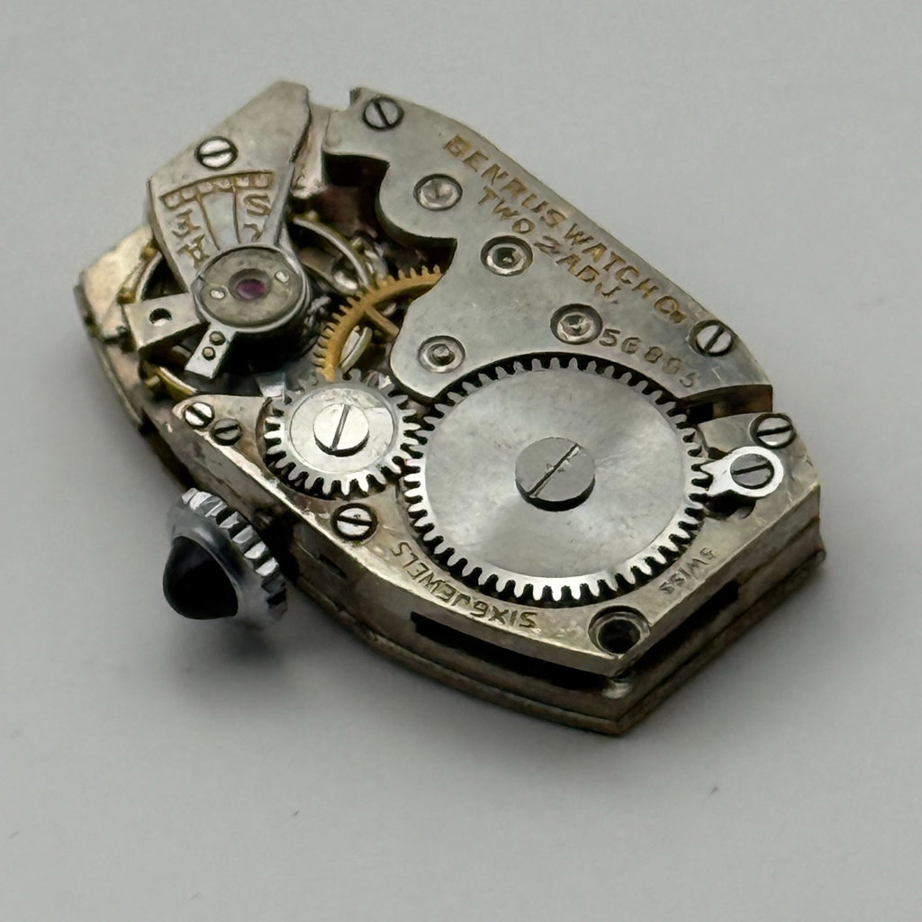 Benrus Watch Movement 6 Jewels 2 ADJ Black Cabochon Crown Parts Repair 24.6mm