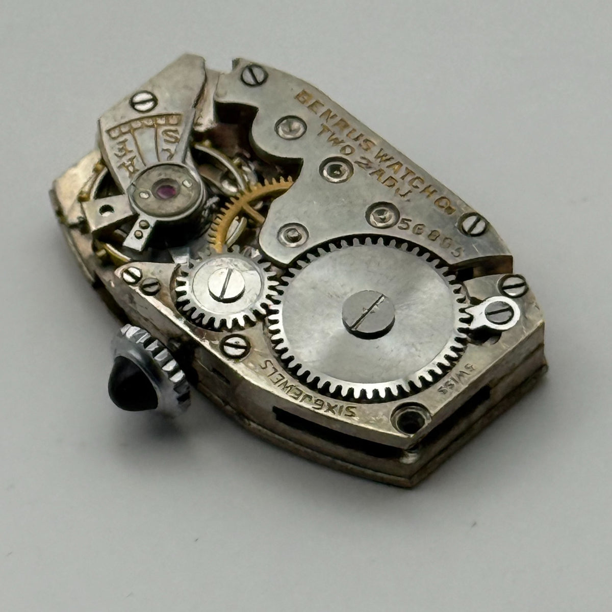 Benrus Watch Movement 6 Jewels 2 ADJ Black Cabochon Crown Parts Repair 24.6mm