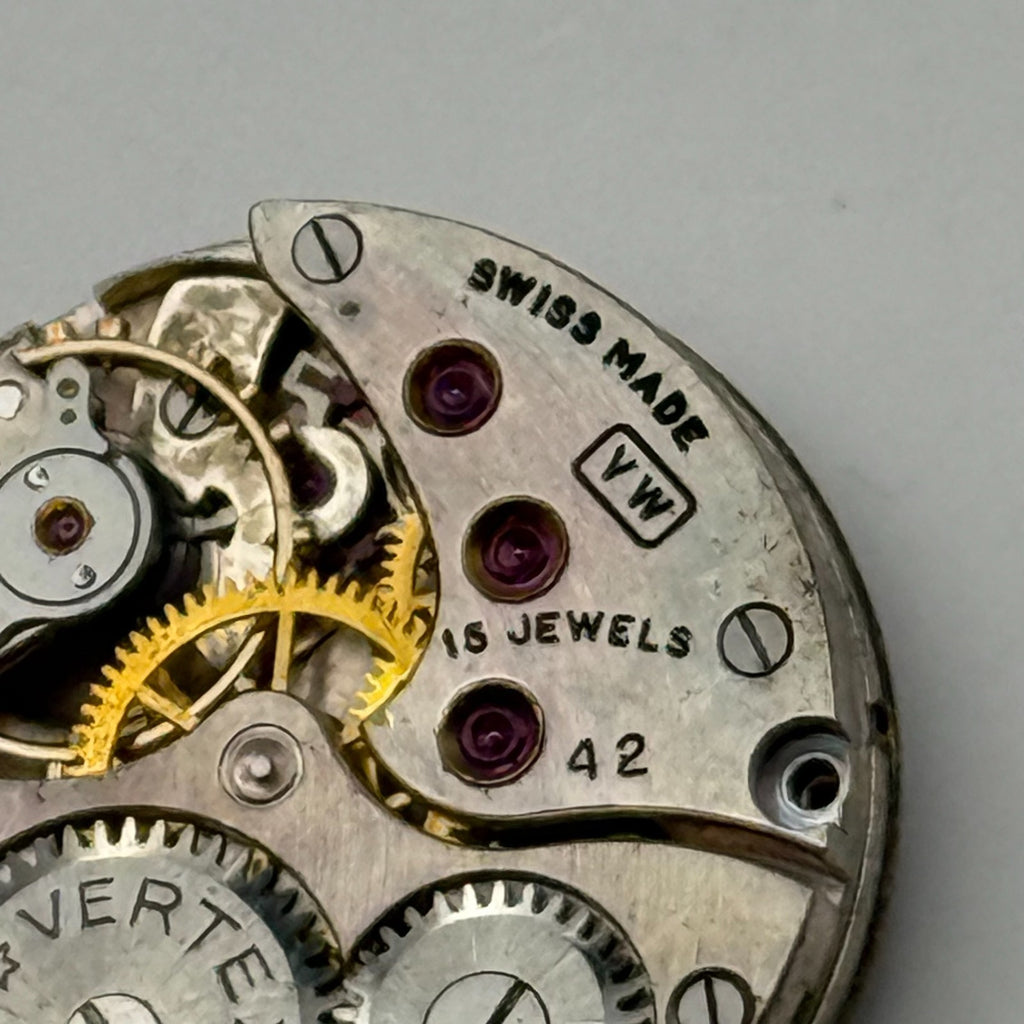 Vertex 42 Watch Movement - VW 15 Jewels - Running - For Parts / Repair - 19.6mm