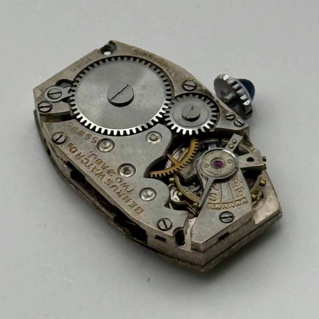 Benrus Watch Movement 6 Jewels 2 ADJ Black Cabochon Crown Parts Repair 24.6mm
