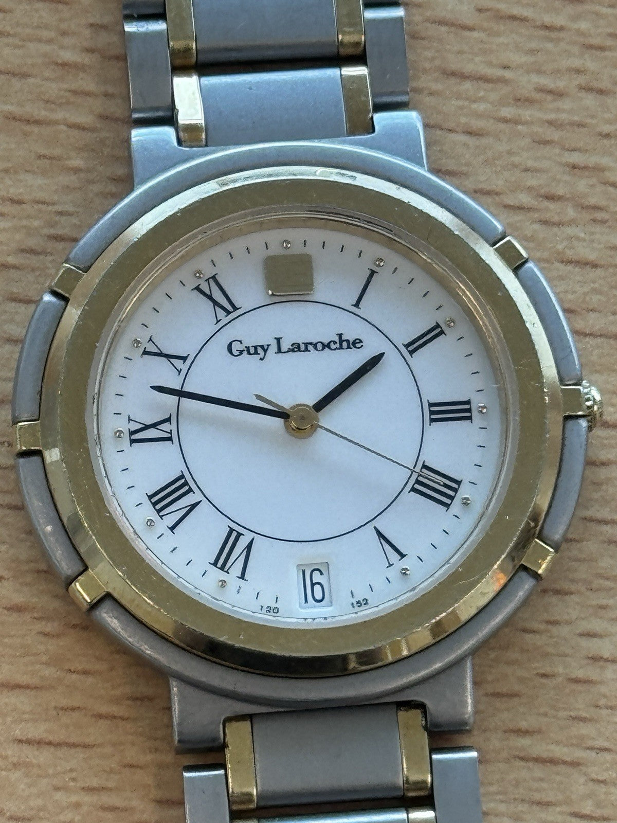 Guy Laroche Two Tone Vintage Watch Swiss Made Roman Numerals Quartz Working 32mm