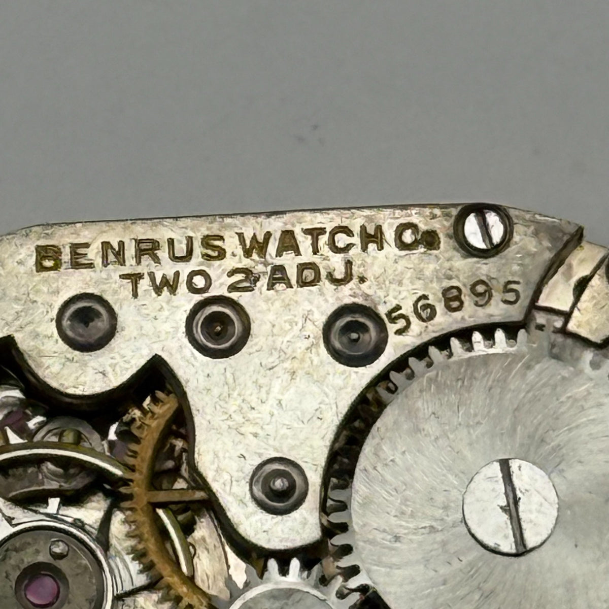 Benrus Watch Movement 6 Jewels 2 ADJ Black Cabochon Crown Parts Repair 24.6mm
