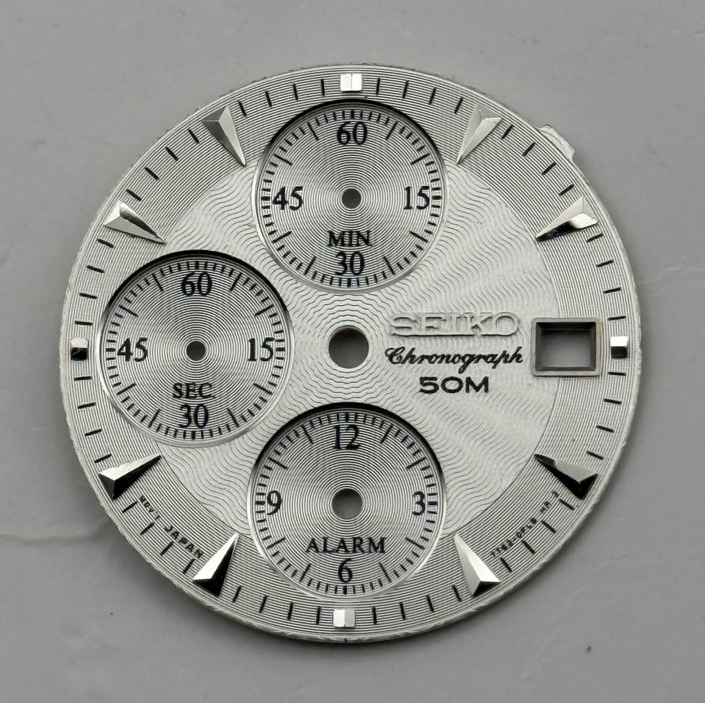 Seiko Watch Dial Chronograph Alarm 50M Silver Japan Spare Parts Repair 27.5mm