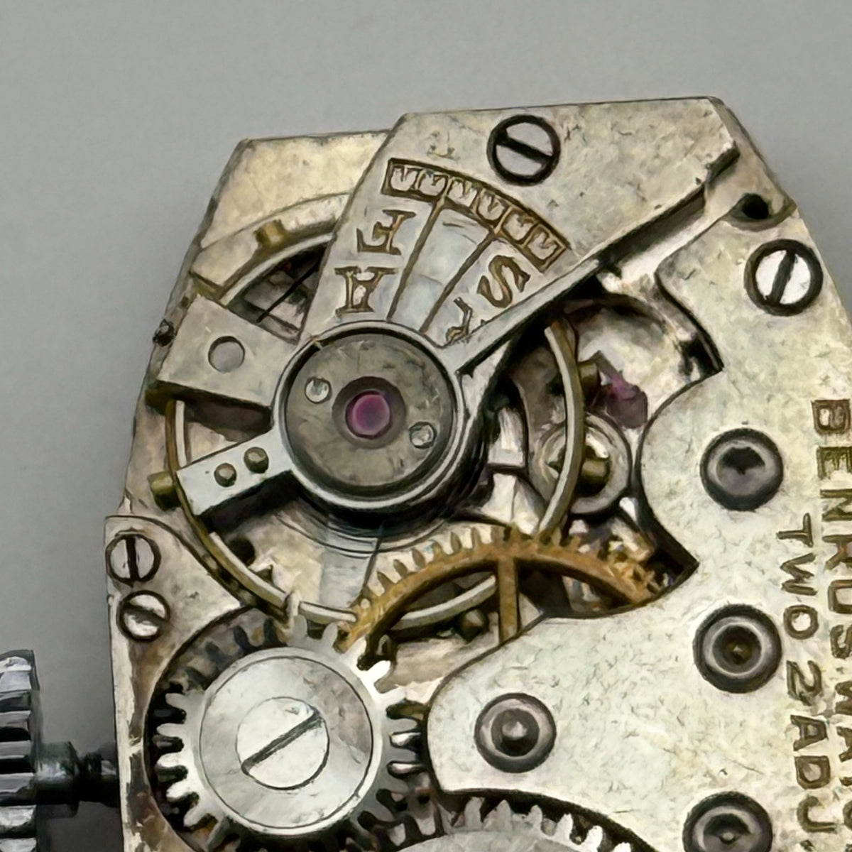 Benrus Watch Movement 6 Jewels 2 ADJ Black Cabochon Crown Parts Repair 24.6mm