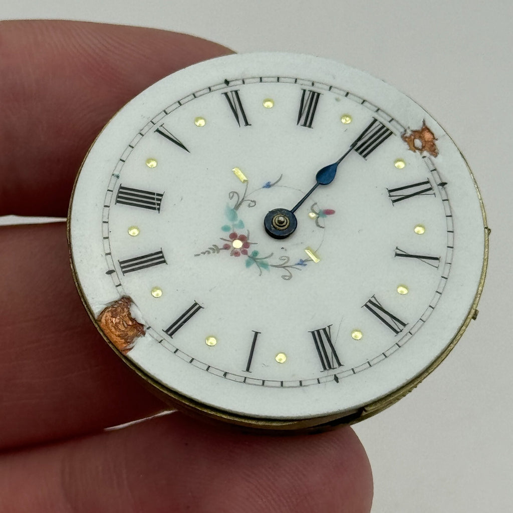Antique Pocket Watch Movement Key Wound Nice Enamel Dial Parts Repair 36.1mm 