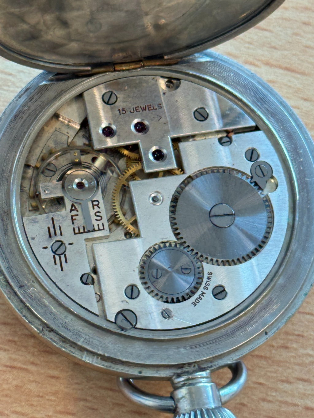 Very Interesting Unusual Movement Pocket Watch - Running - Open Face Swiss 15j