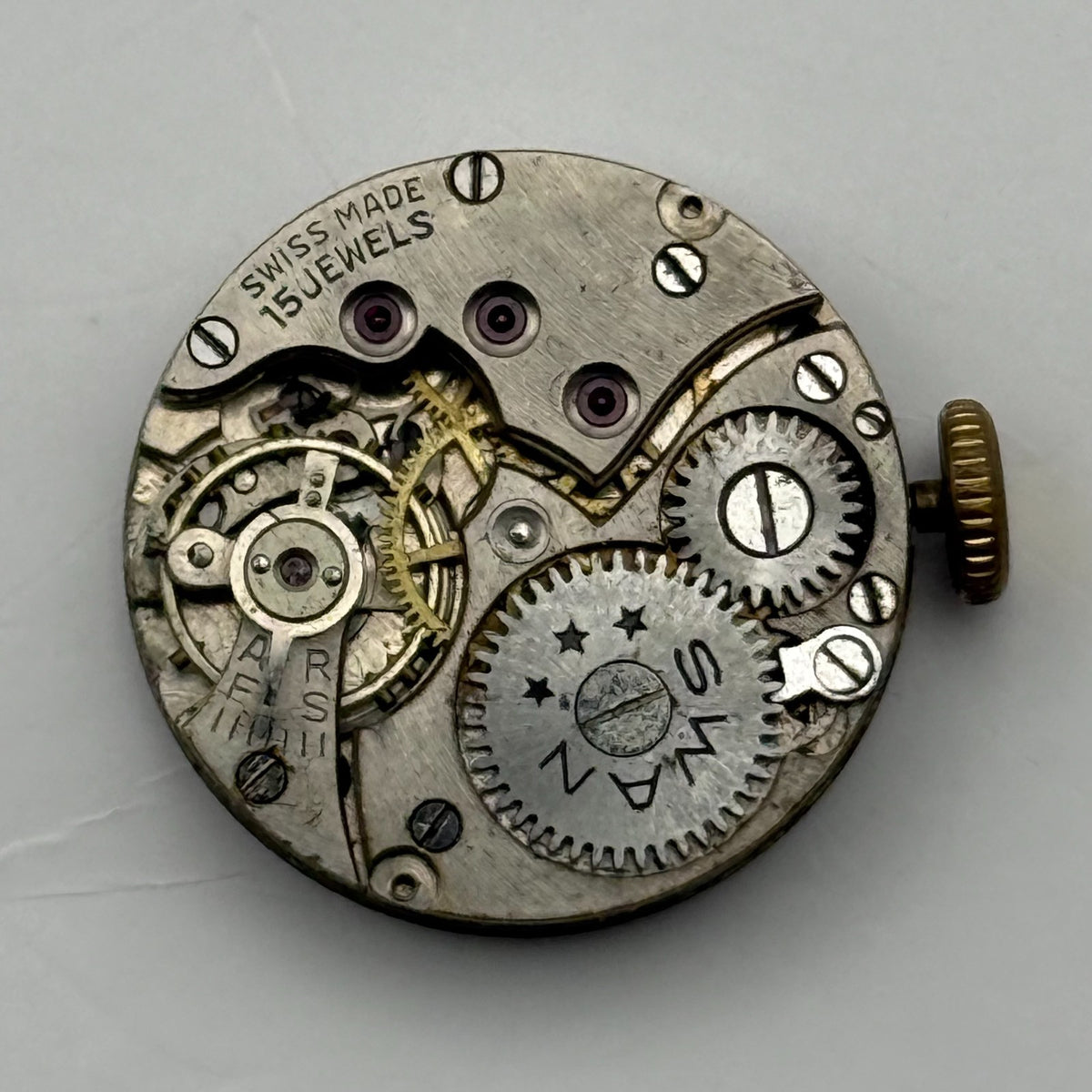 Unidentified Watch Movement Swan 15 Jewels Swiss Manual Wind Parts Repair 19.7mm