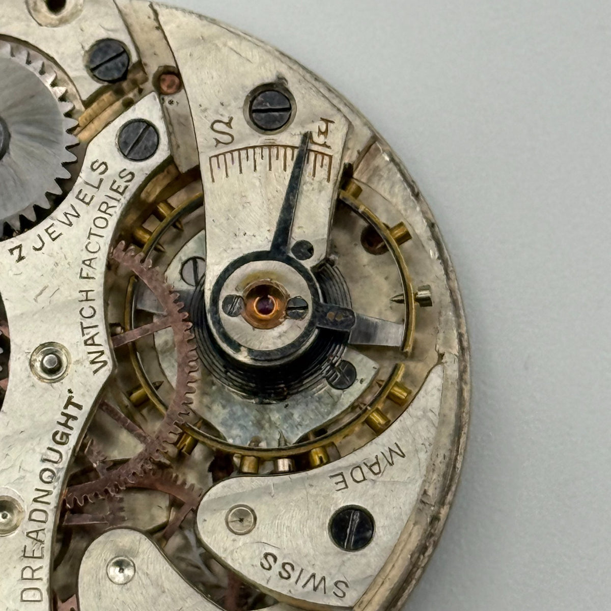 Record Trenton Dreadnought Pocket Watch Movement - Running - For Parts / Repair