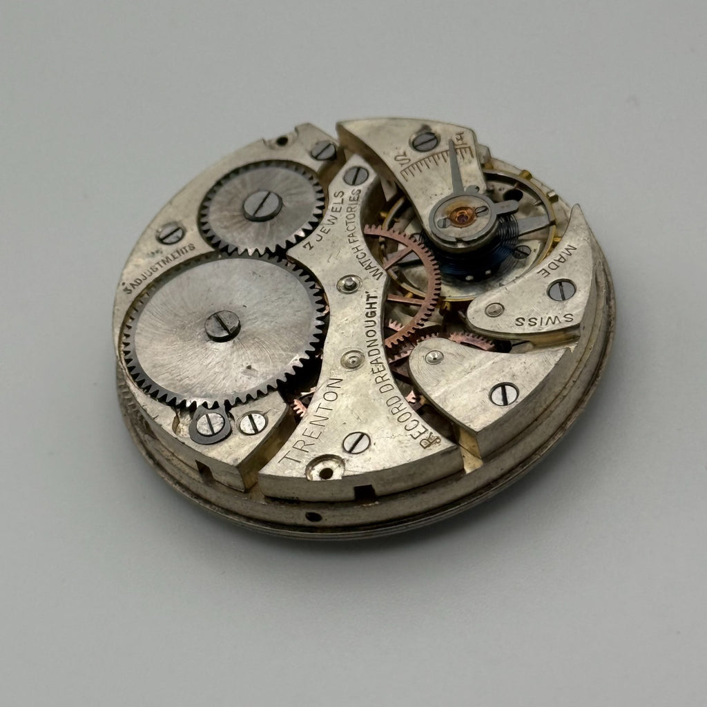 Record Trenton Dreadnought Pocket Watch Movement - Running - For Parts / Repair