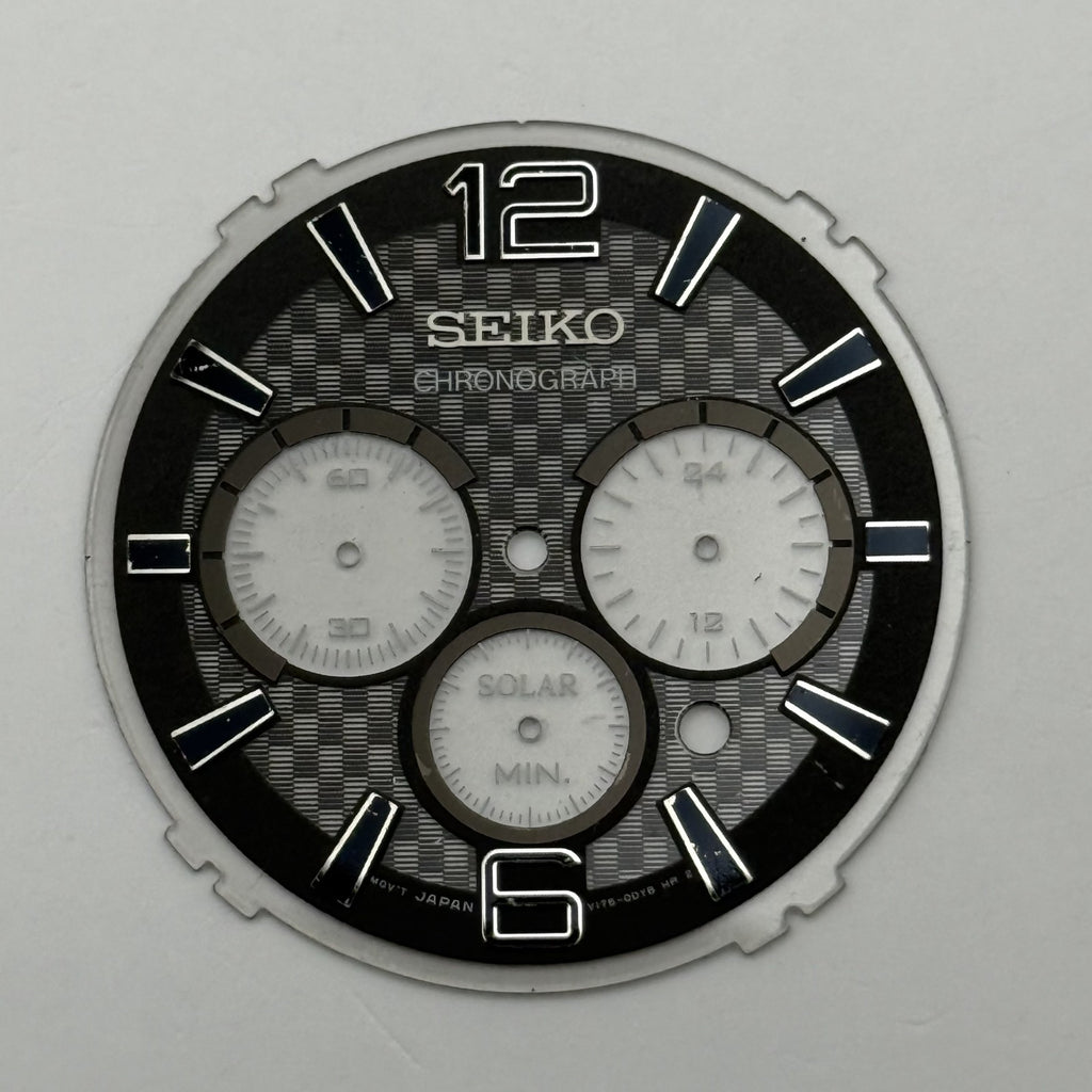 Seiko V175-0DY6 Watch Dial Chronograph Solar Black Spare Parts Repair 35.7mm